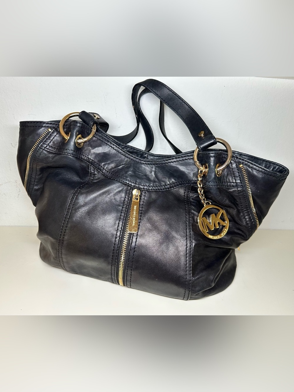 Michael Kors Black Leather Shoulder Bag with Gold-Tone MK Charm